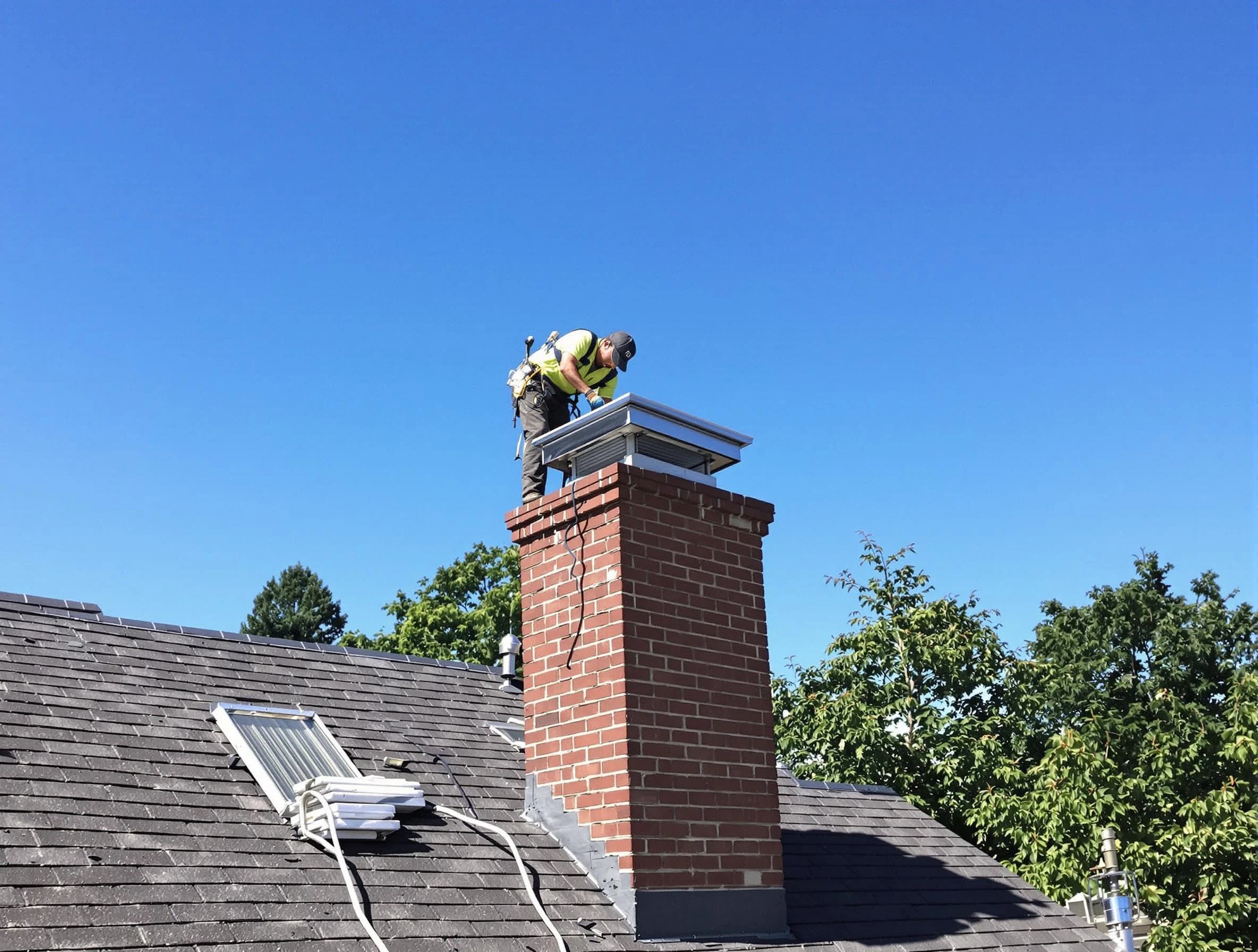 Monroeville Chimney Sweep technician measuring a chimney cap in Monroeville, PA
