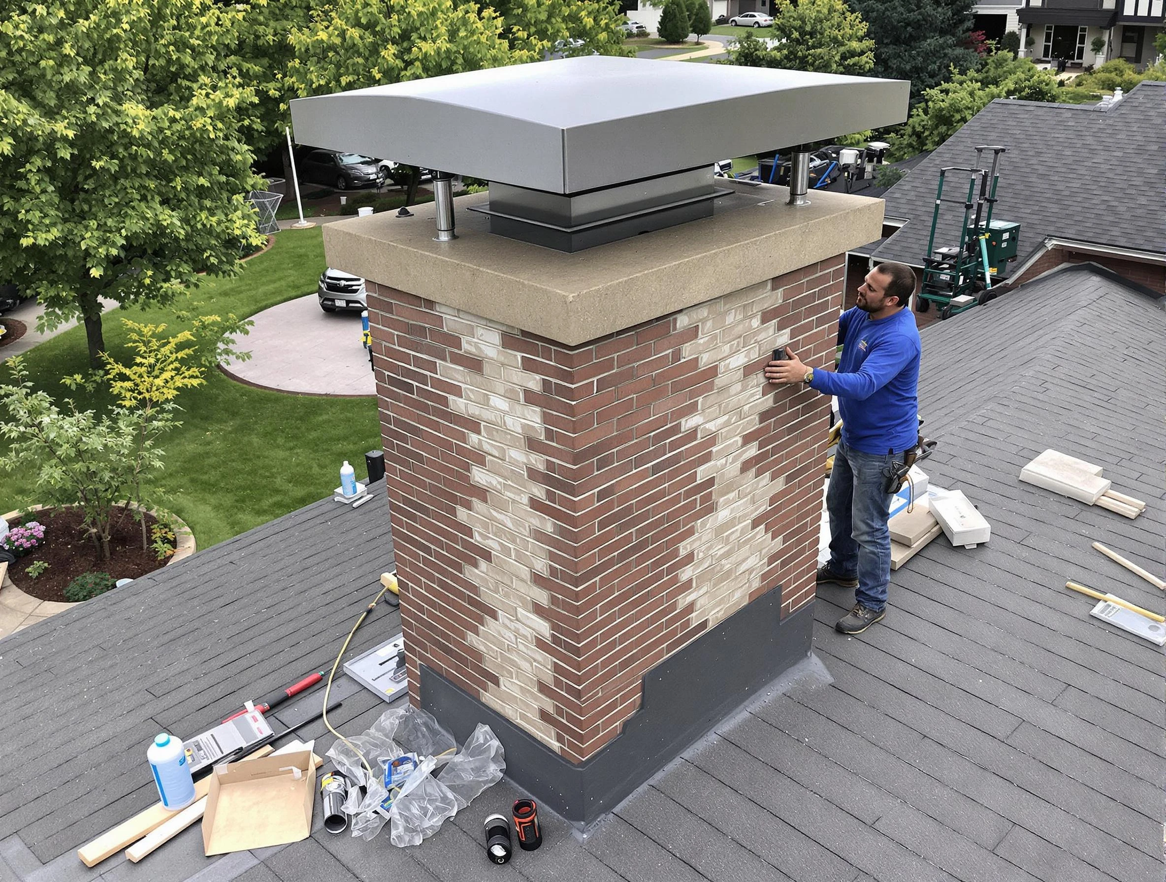 Monroeville Chimney Sweep team working on a custom chimney remodel in Monroeville, PA